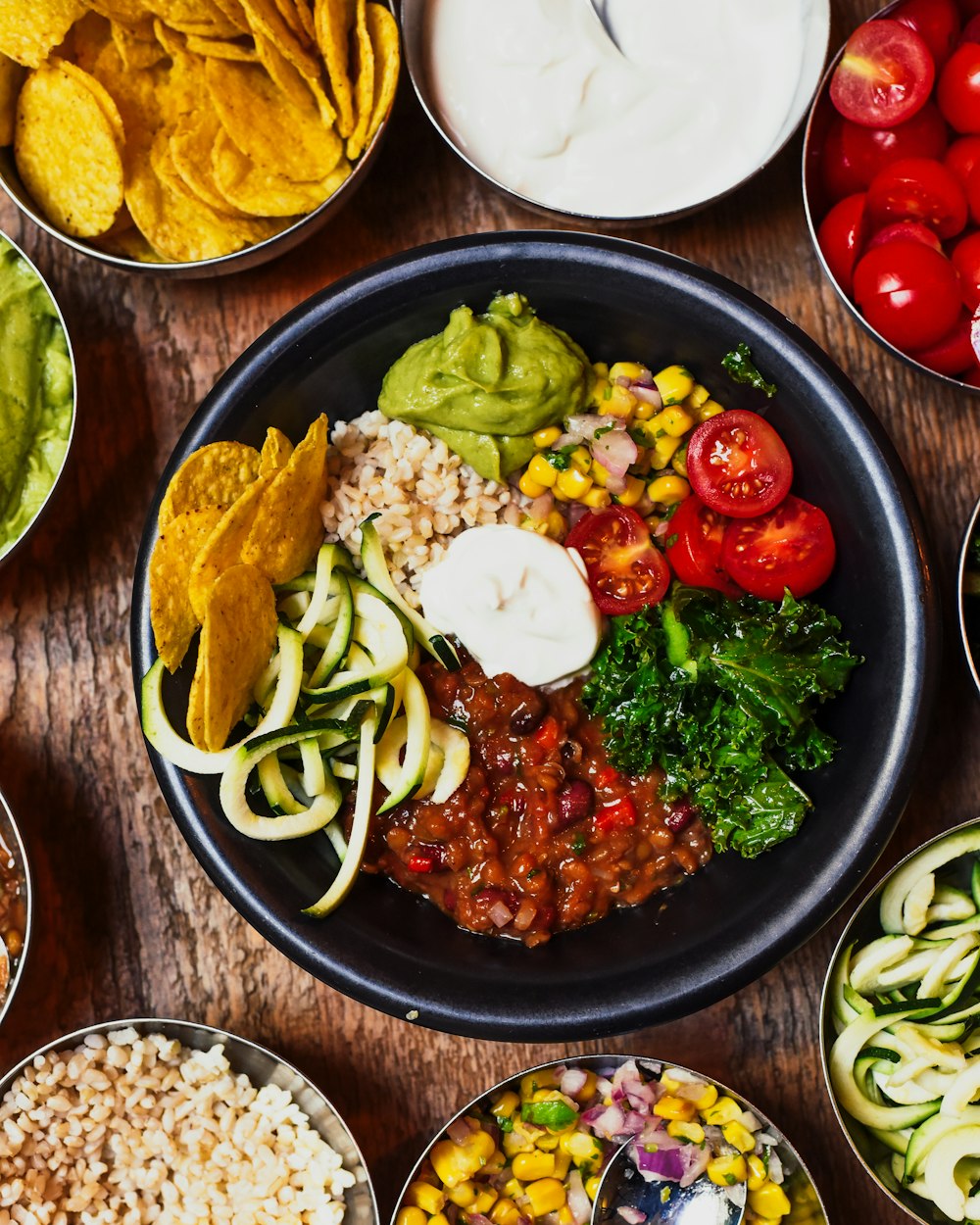 A colorful plant-based bowl with vegetables and grains